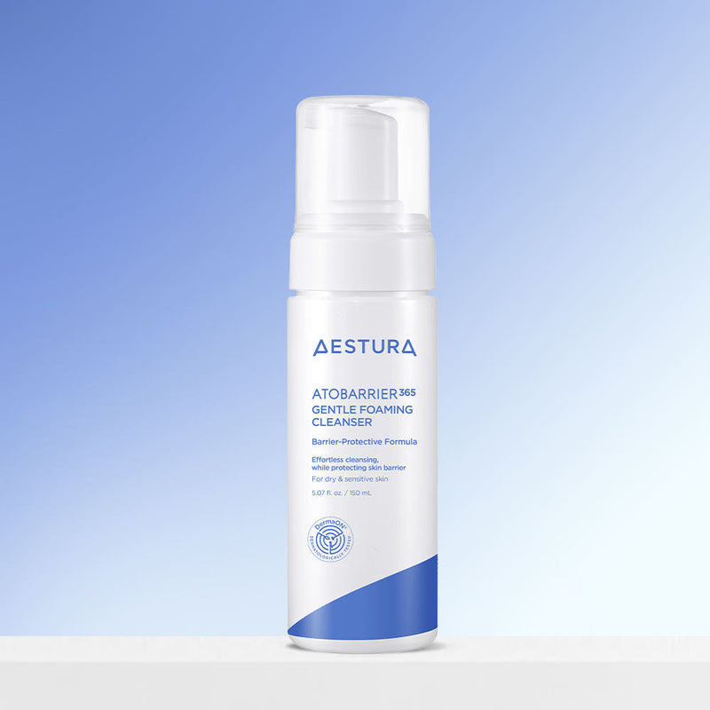 Aestura Atobarrier Gentle Foaming Cleanser bottle on a light blue background