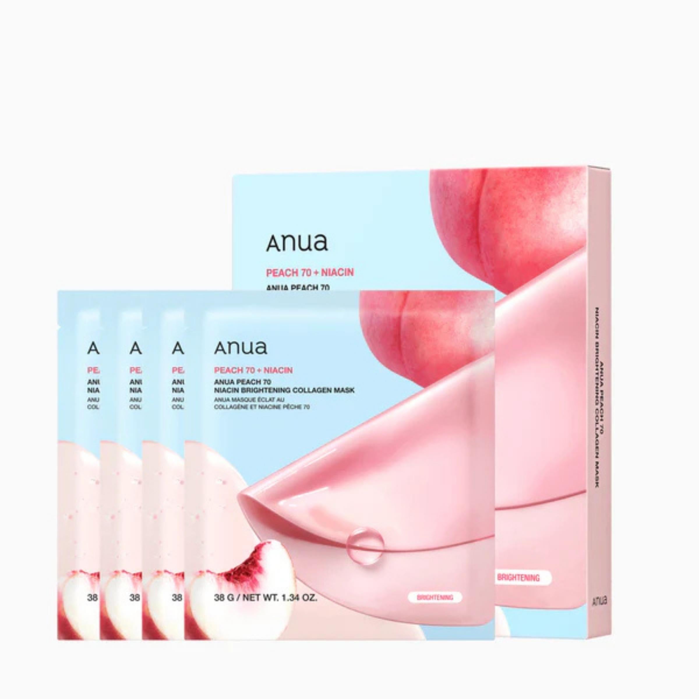 Anua Peach & Macadamia facial mask packaging on a white background