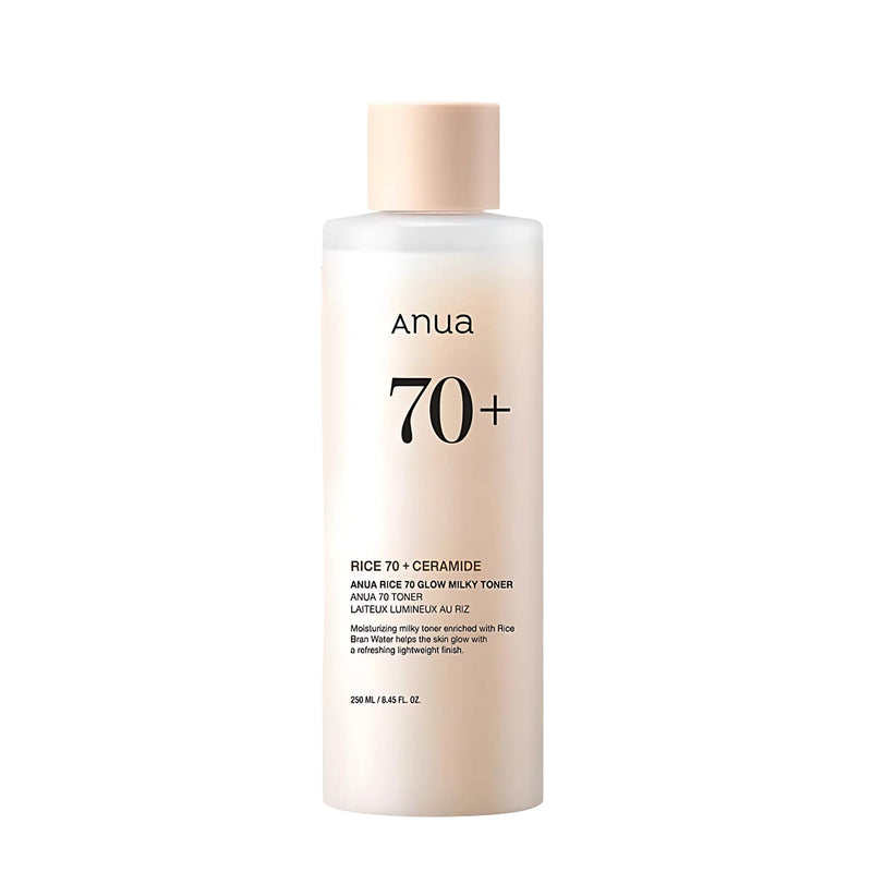 Anua 70+ Rice 70 + Ceramide Glow Milky Toner bottle on a white background