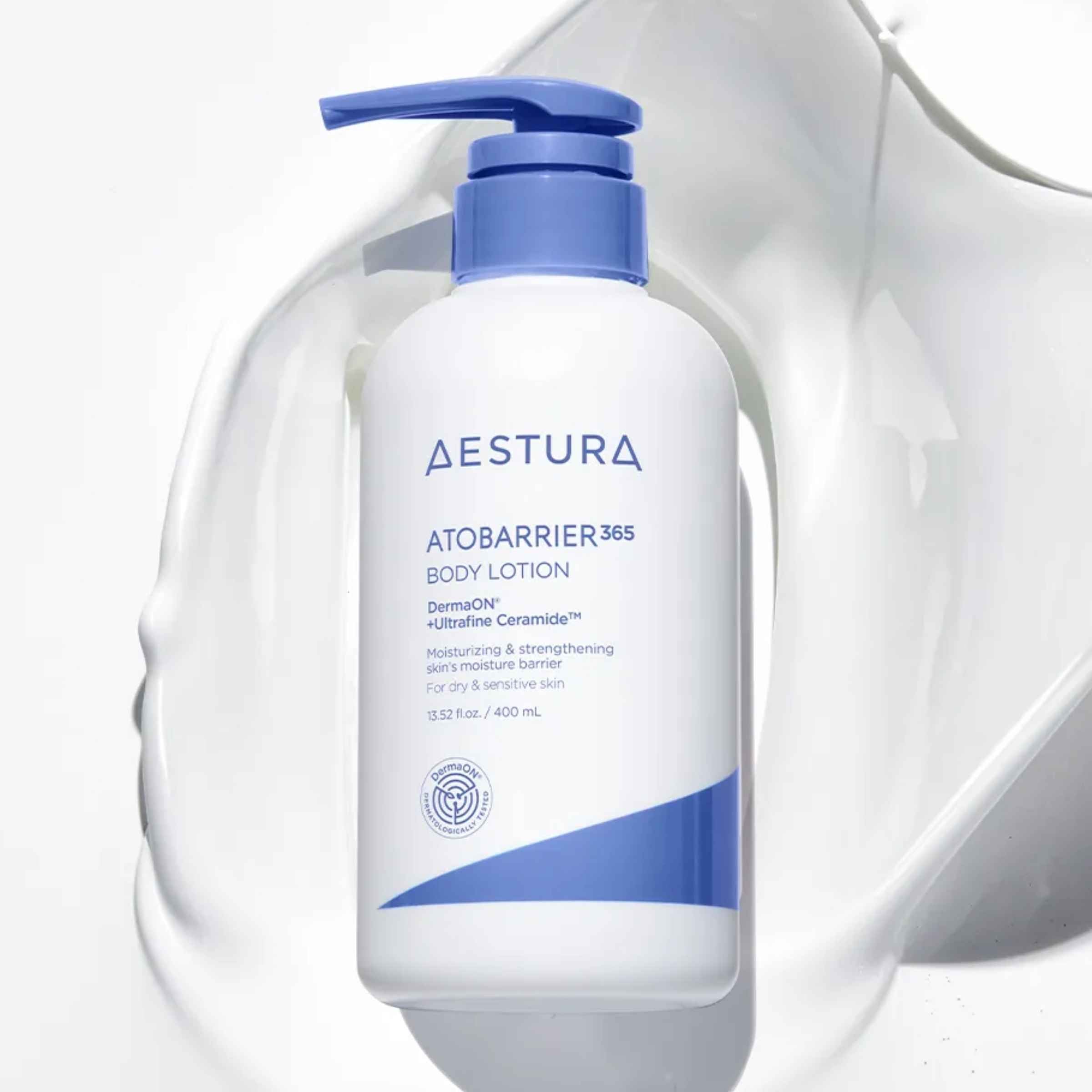 Aestura Atobarrier 365 body lotion bottle with pump on a white background