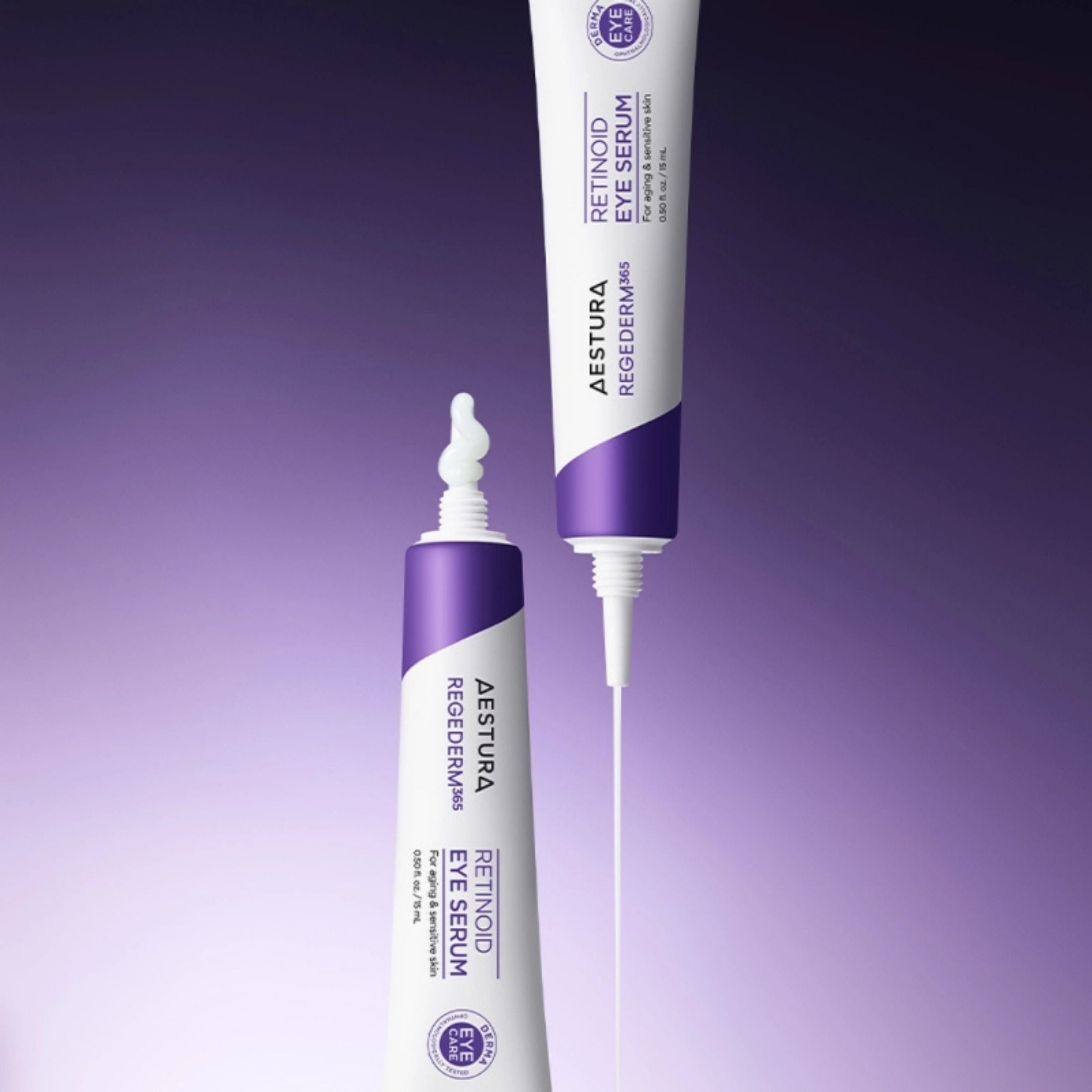 Two Aestura Retinoid Eye Serum tubes on a purple background