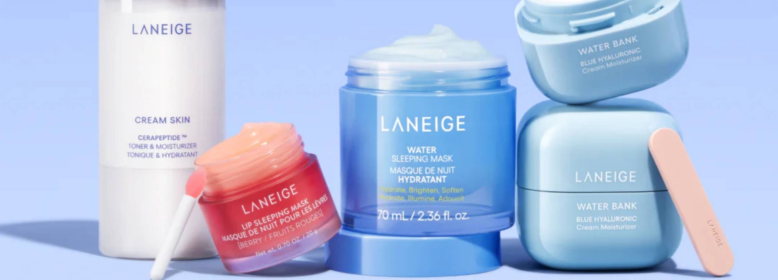 LANEIGE skincare products on a blue background