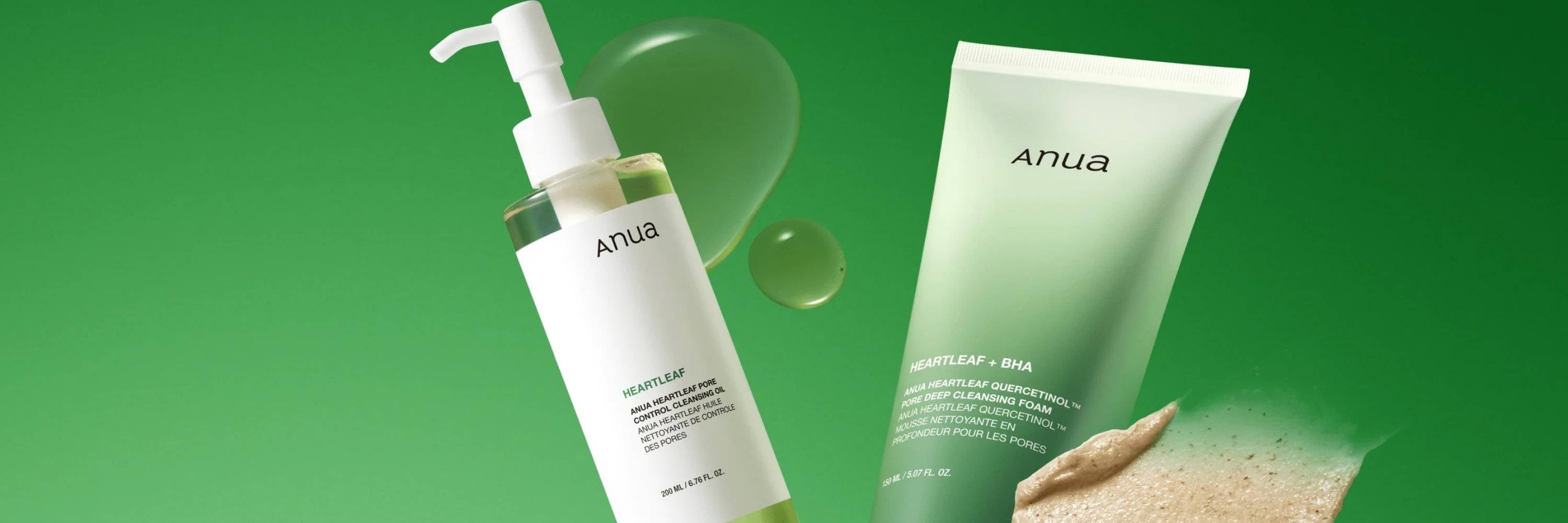 Anua skincare products on a green background