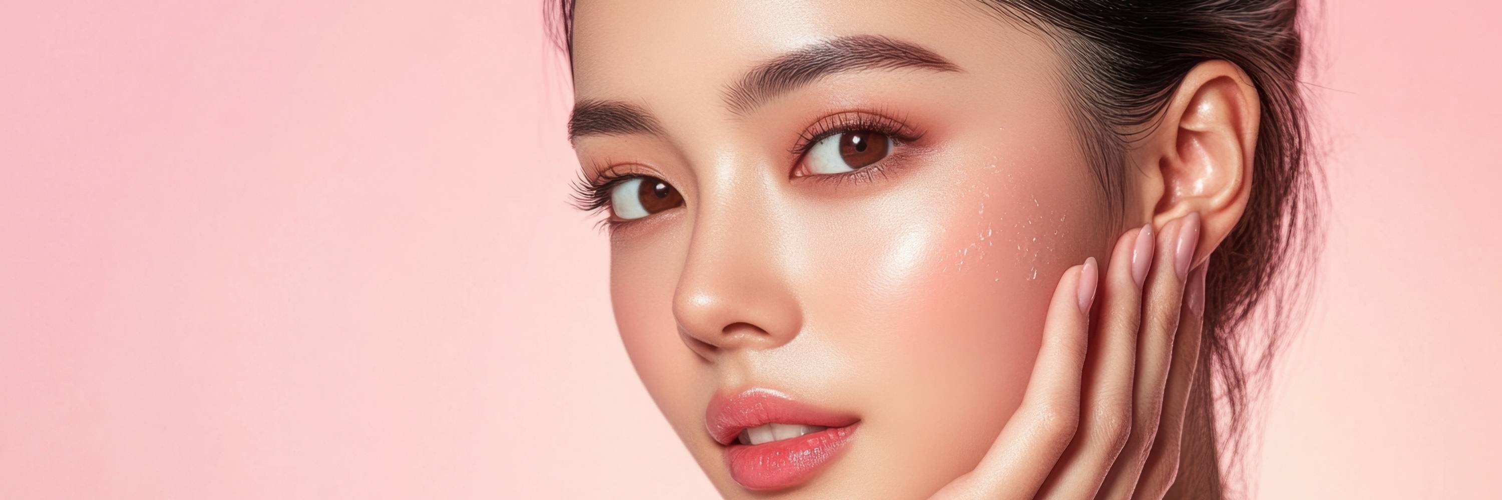 Close-up of a person with a soft pink background