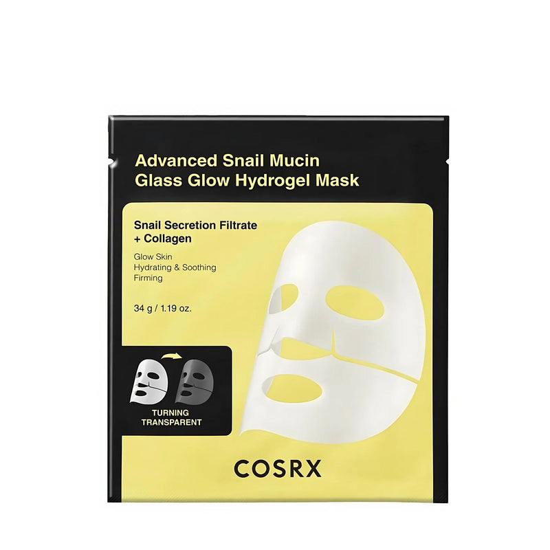 Packaging for COSRX Advanced Snail Mucin Glass Glow Hydrogel Mask on white background