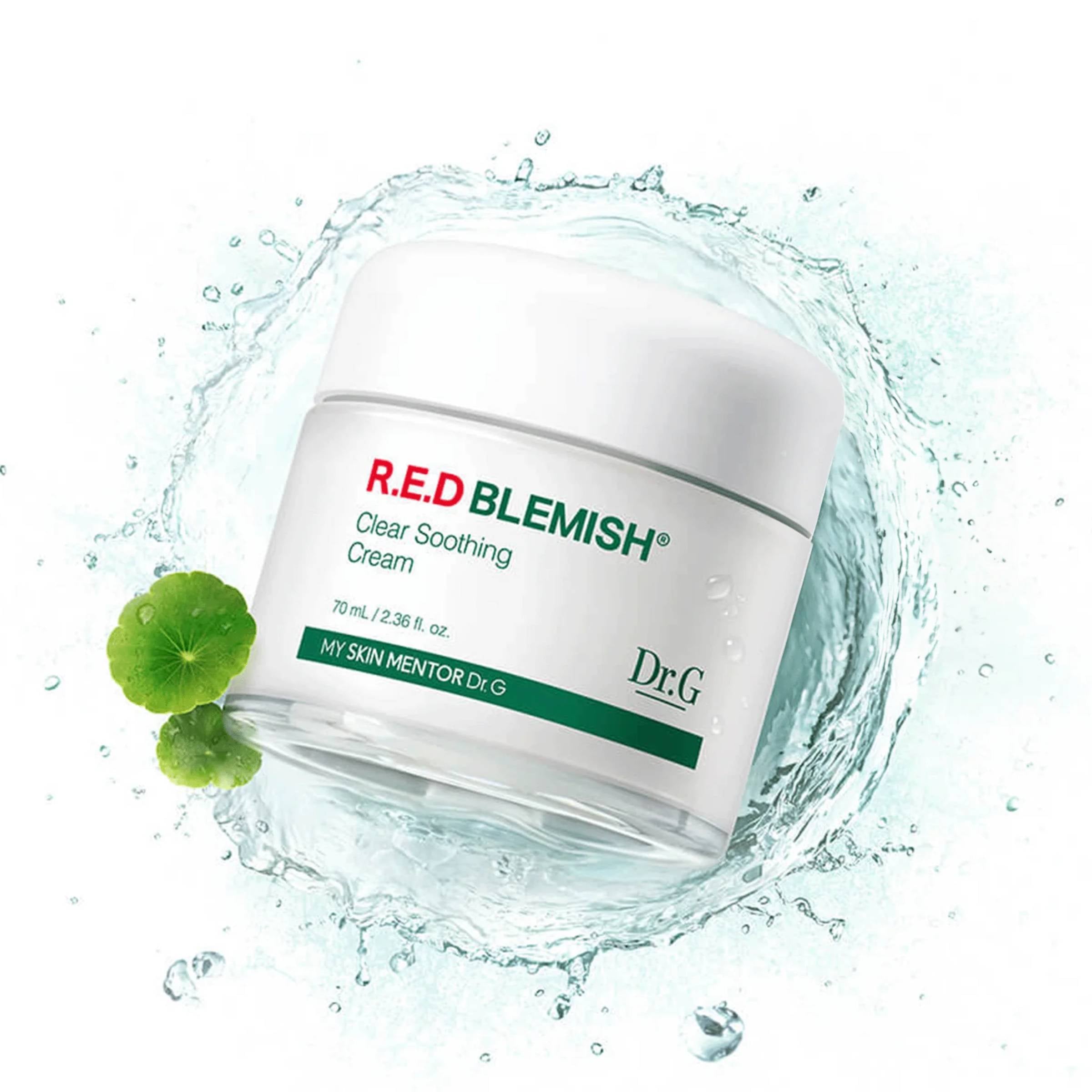 Dr.G R.E.D Blemish Clear Soothing Cream jar with water droplets and a leaf on a white background