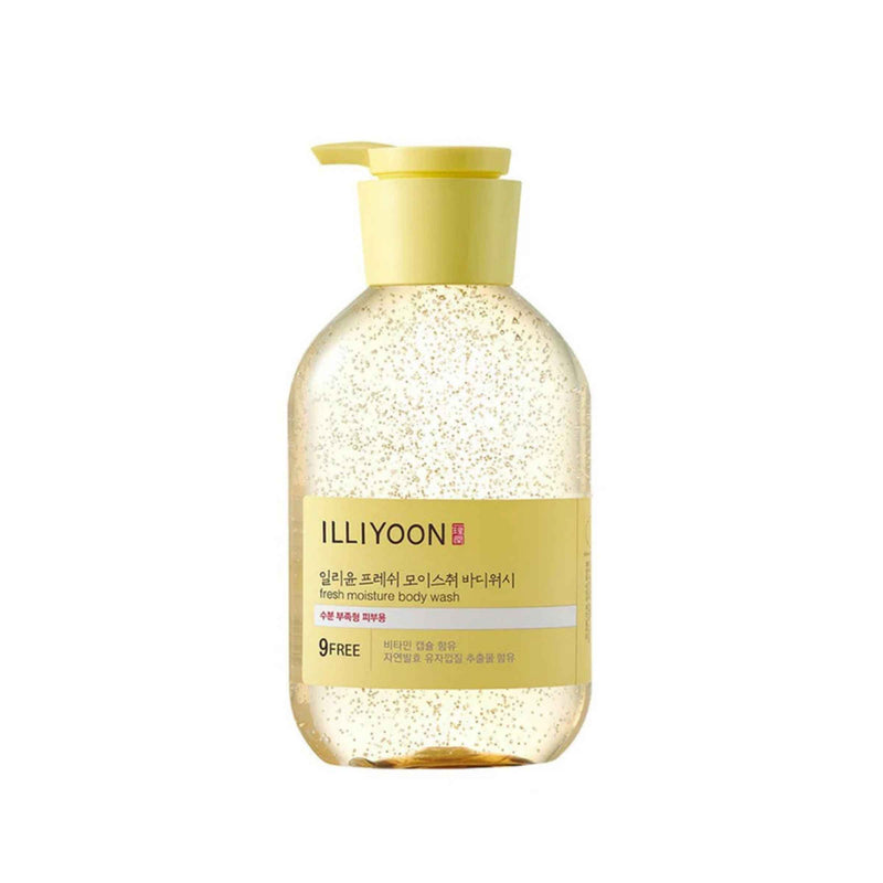 Body wash bottle with yellow cap and label on a white background