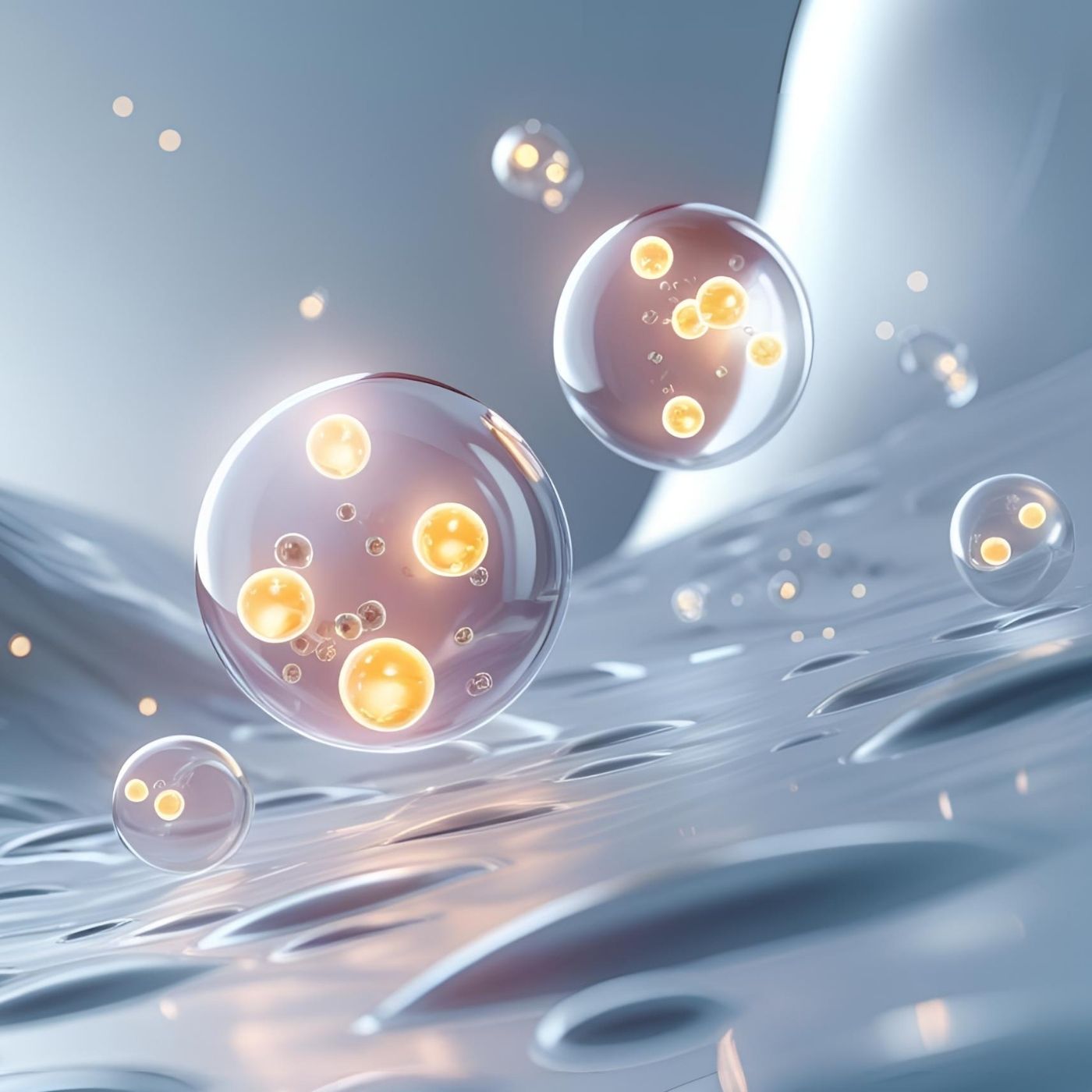 Illustration of bubbles with glowing yellow centers on a textured surface.
