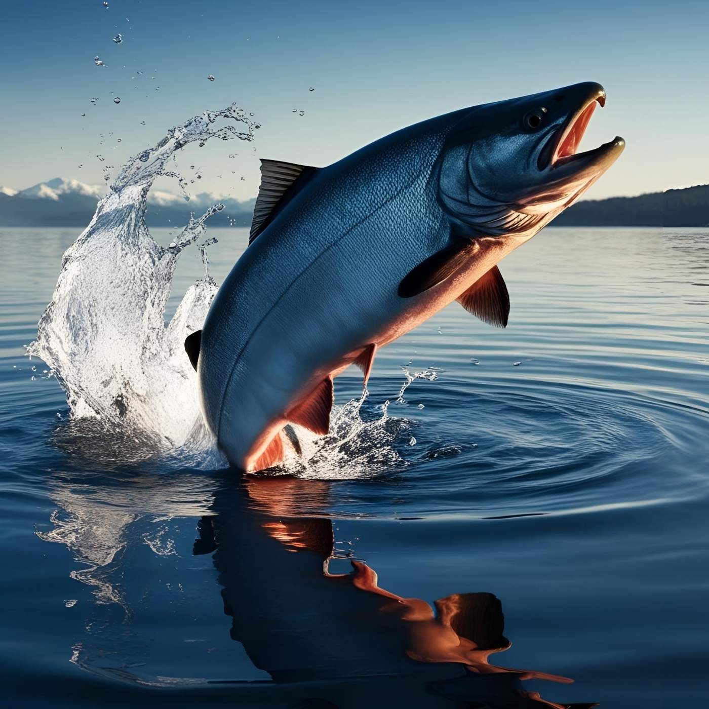 Salmon leaping out of water with mountains in the background