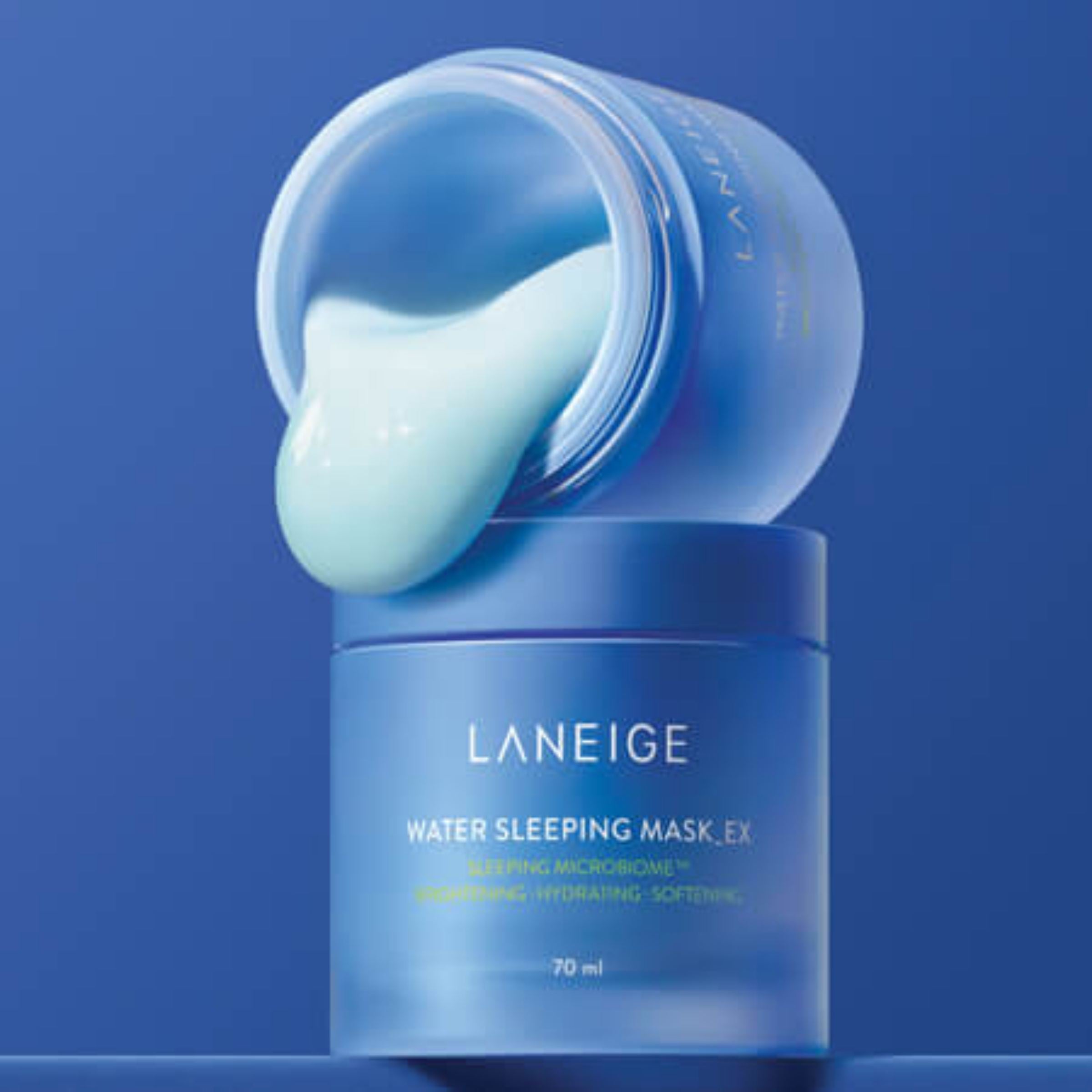 Laneige Water Sleeping Mask EX jar with a blue background