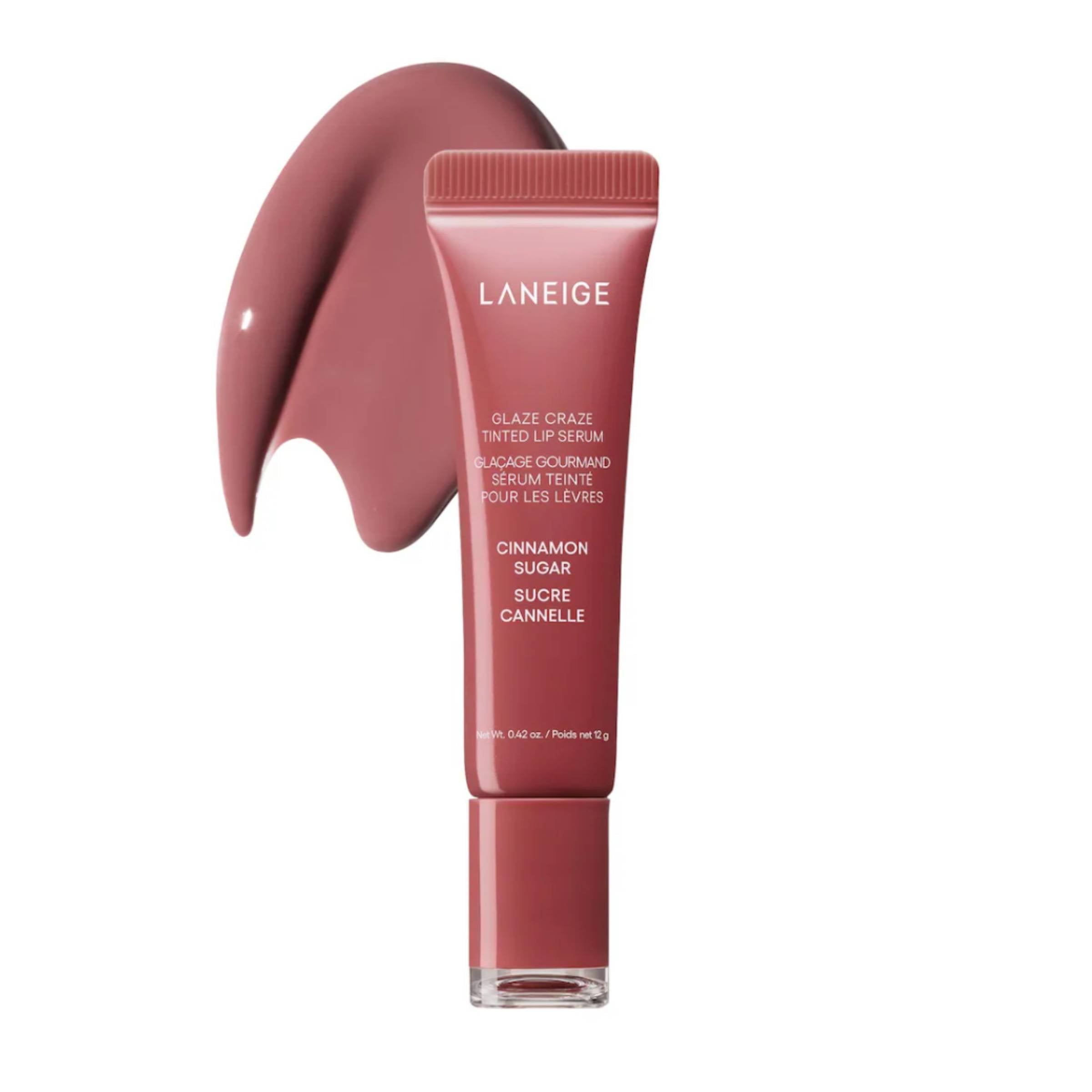 Laneige lip serum with a swatch of Cinnamon Sugar on a white background