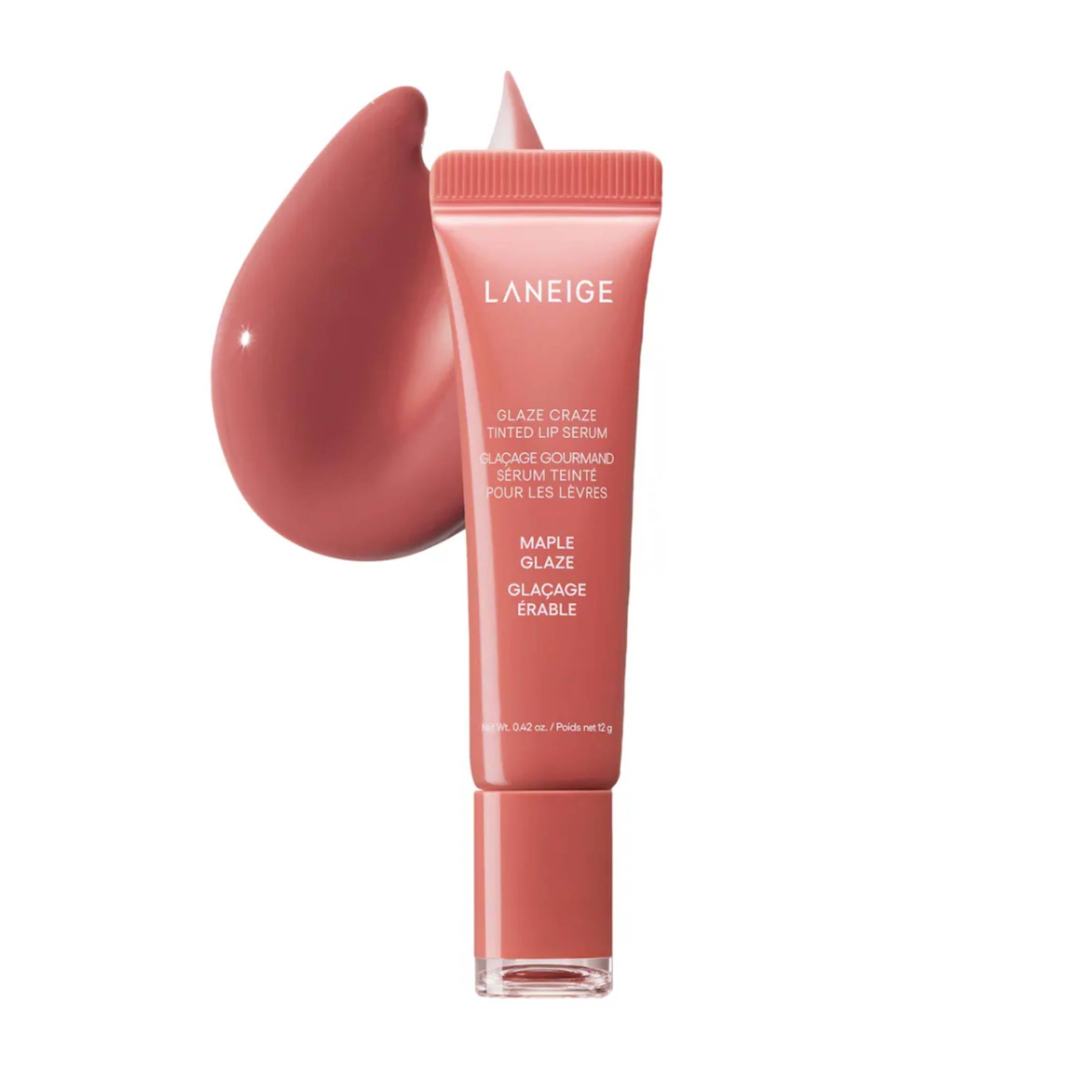Laneige lip serum Maple Glaze with a swatch on a white background