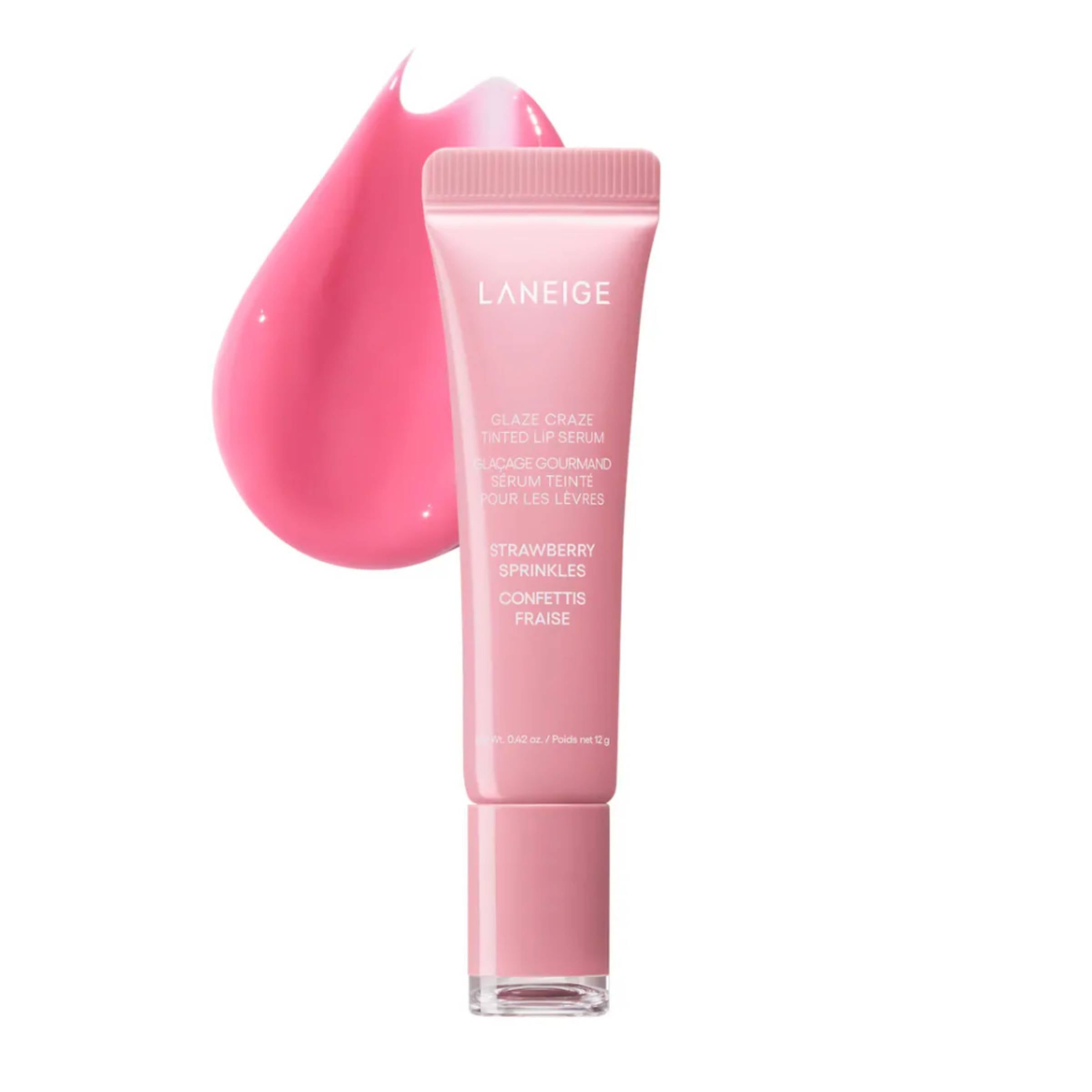 Laneige lip serum with Strawberry Sprinkles color swatch on a white background