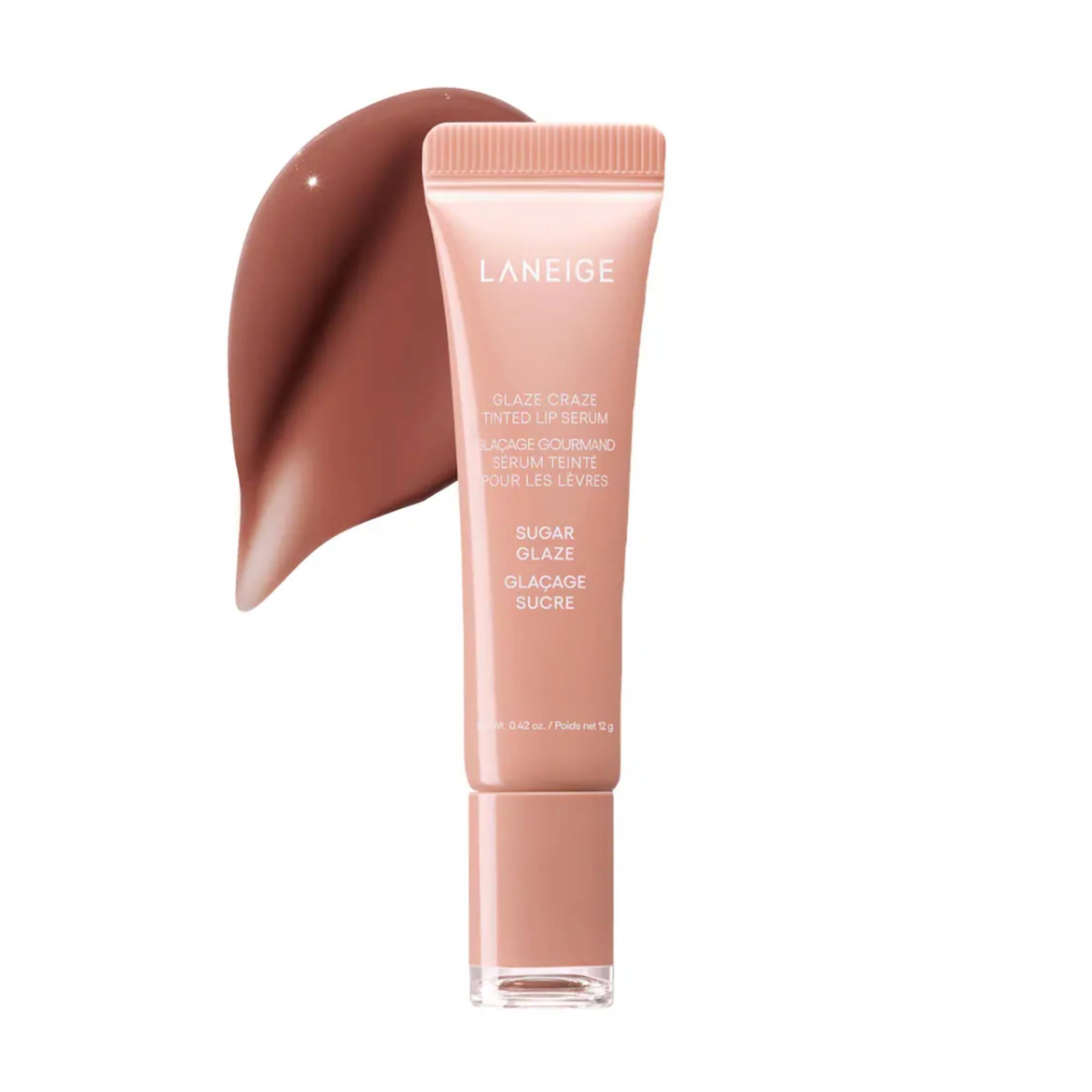 Laneige lip balm with a swatch of Sugar Glaze color on a white background
