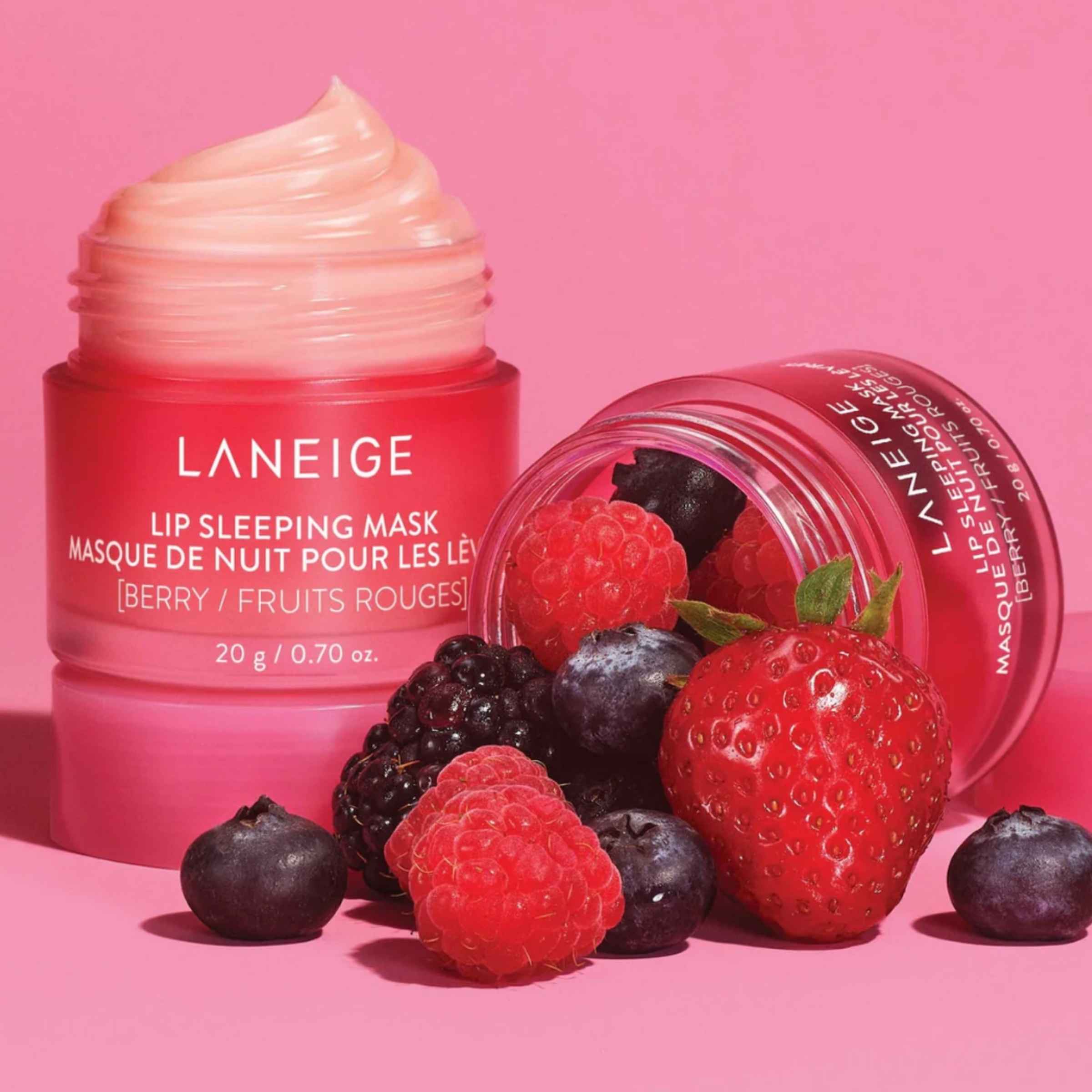 Laneige lip sleeping mask with berries on a pink background