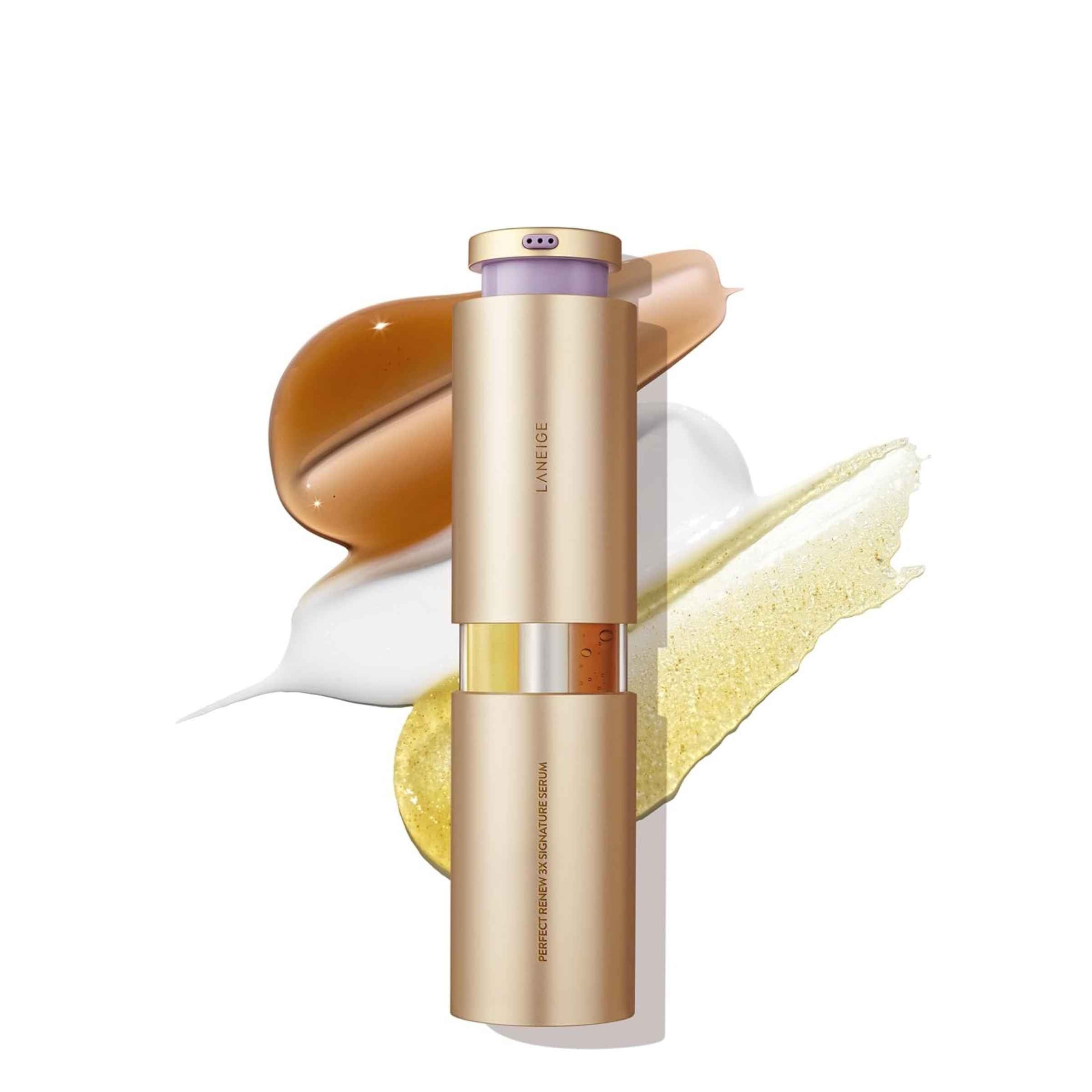 Gold cosmetic bottle with a white background