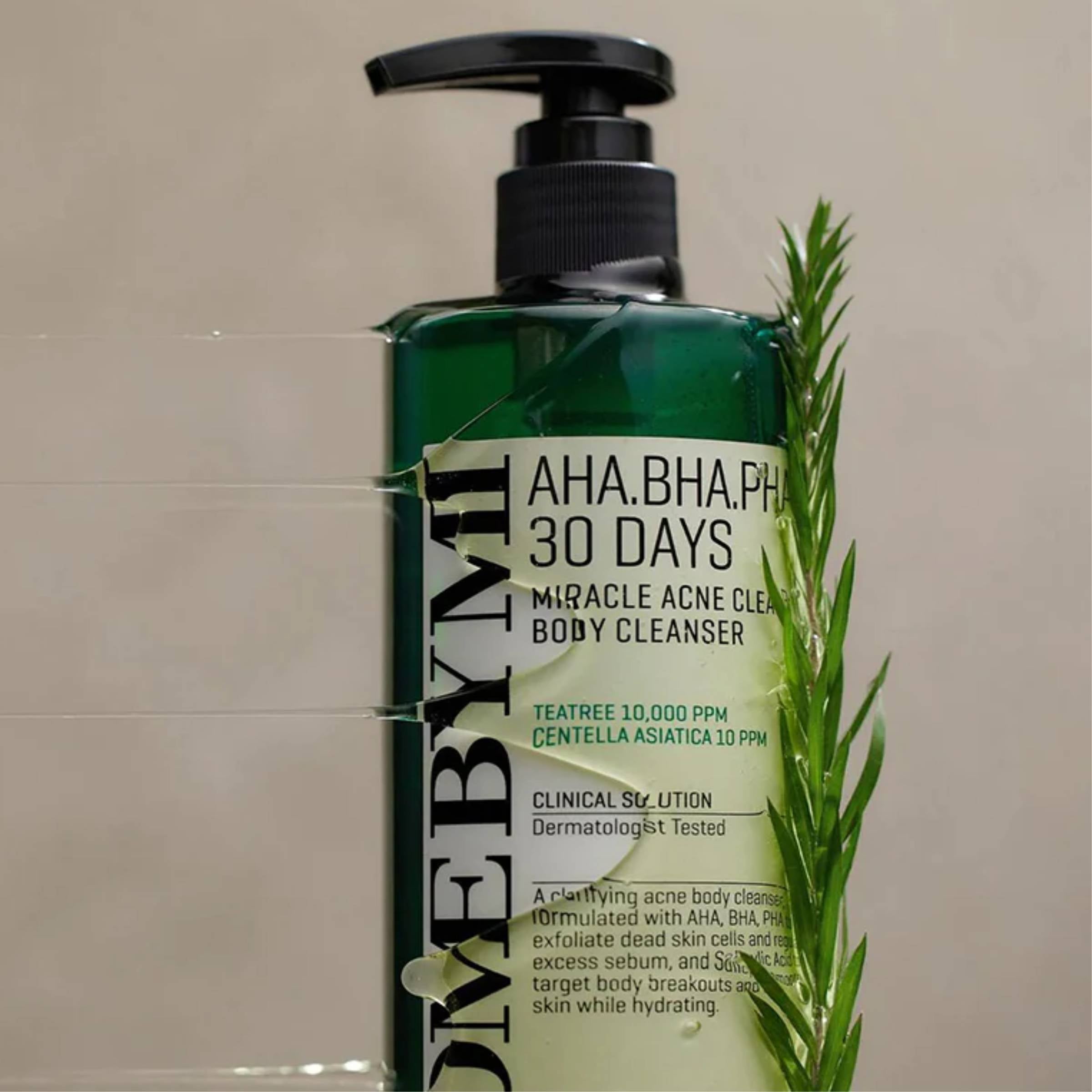 Green bottle of Some By Mi 30 Days body cleanser with a pump on a neutral background