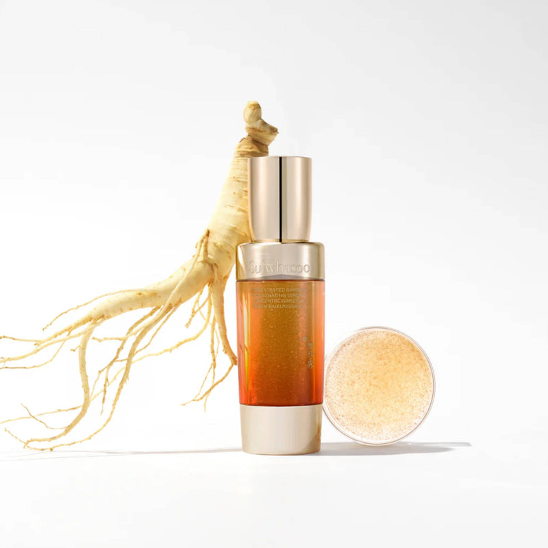 Sulwhasoo bottle with a ginseng root on a white background