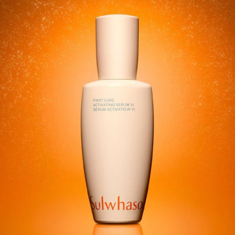 Sulwhasoo skincare serum bottle on an orange background