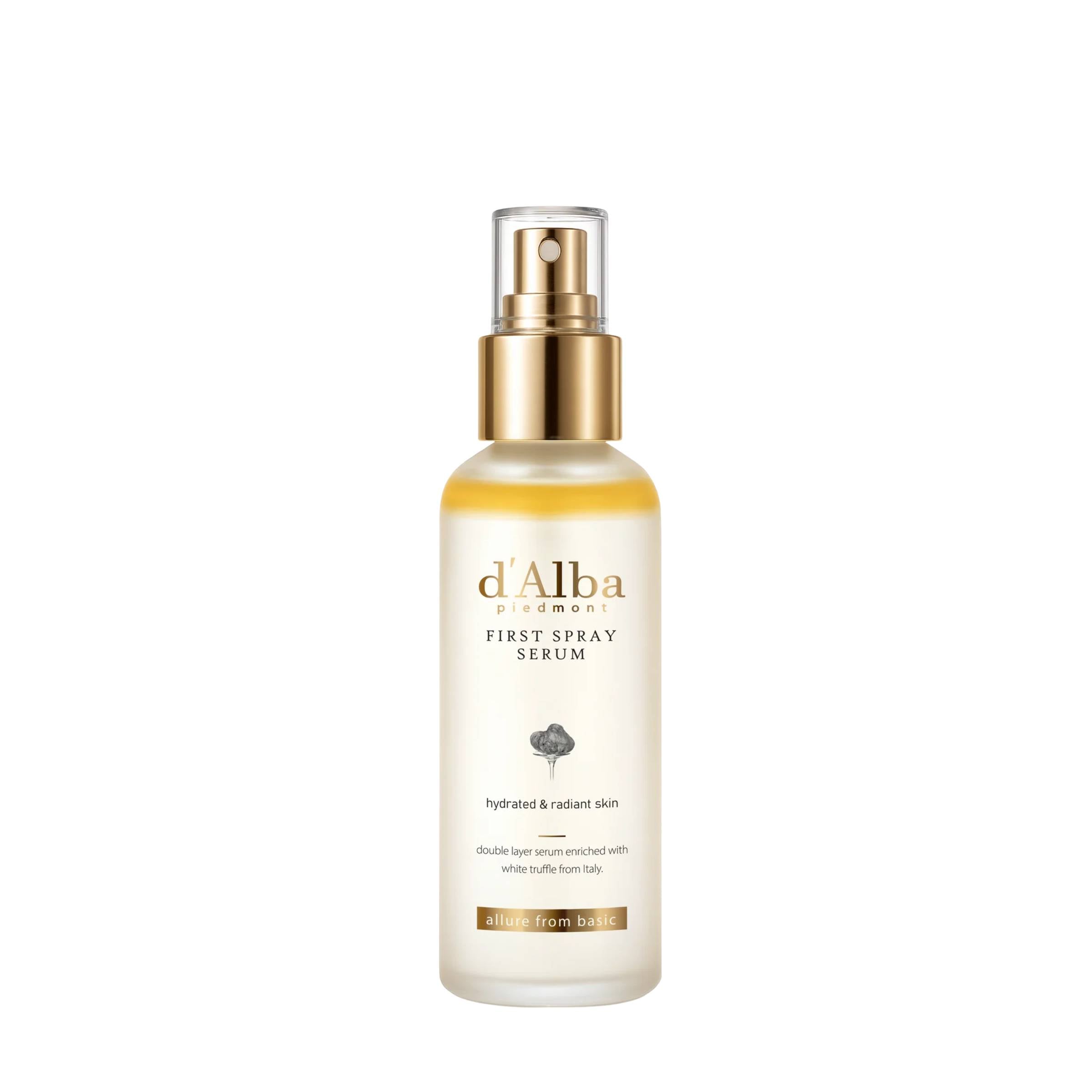 d'Alba First Spray Serum bottle on a white background