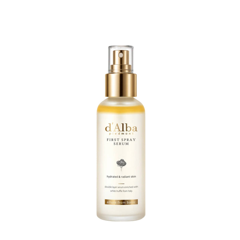 d'Alba First Spray Serum bottle on a white background