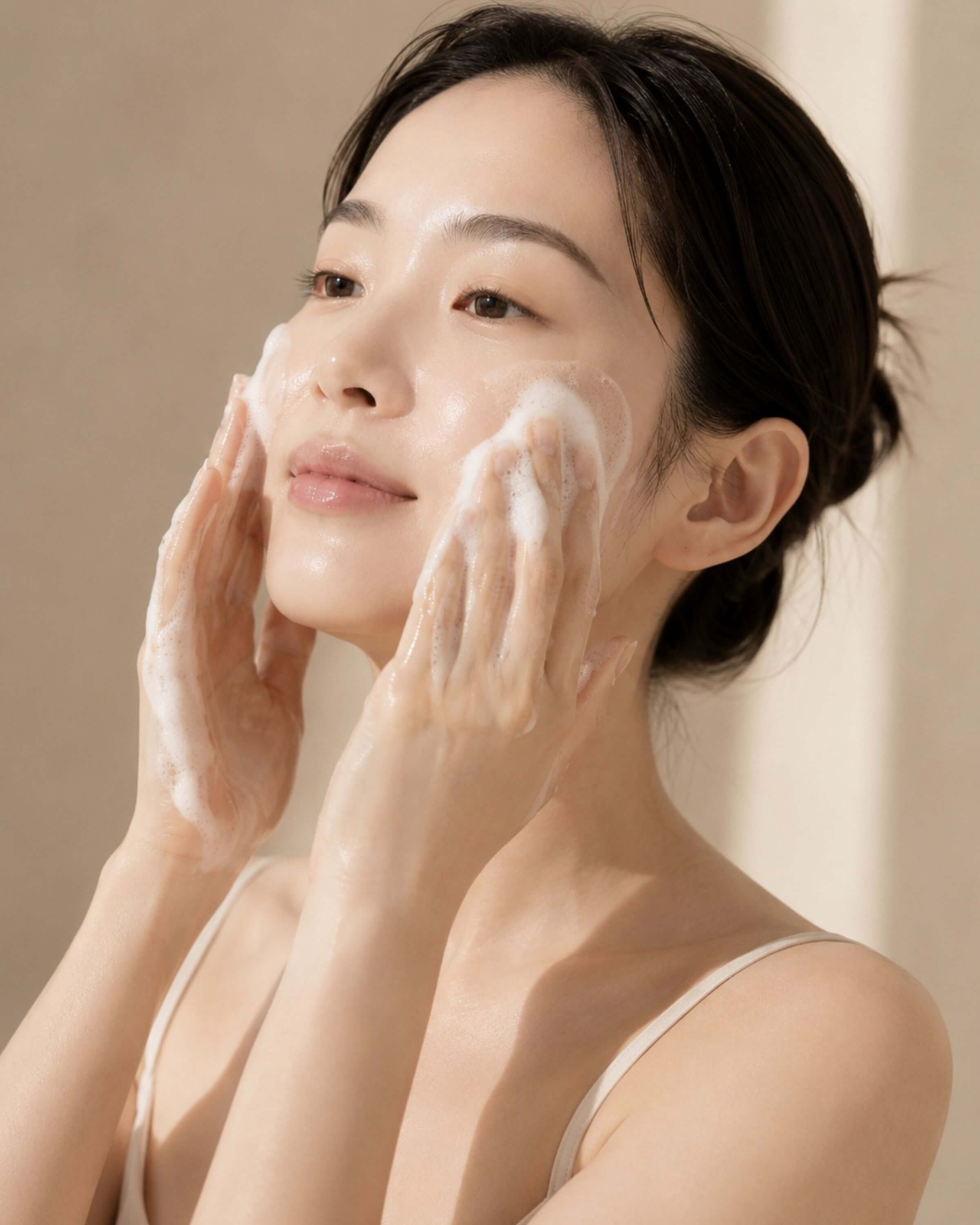 Woman applying Aestura Theracne 365 Clear Deep Cleansing Foam to her face against a beige background