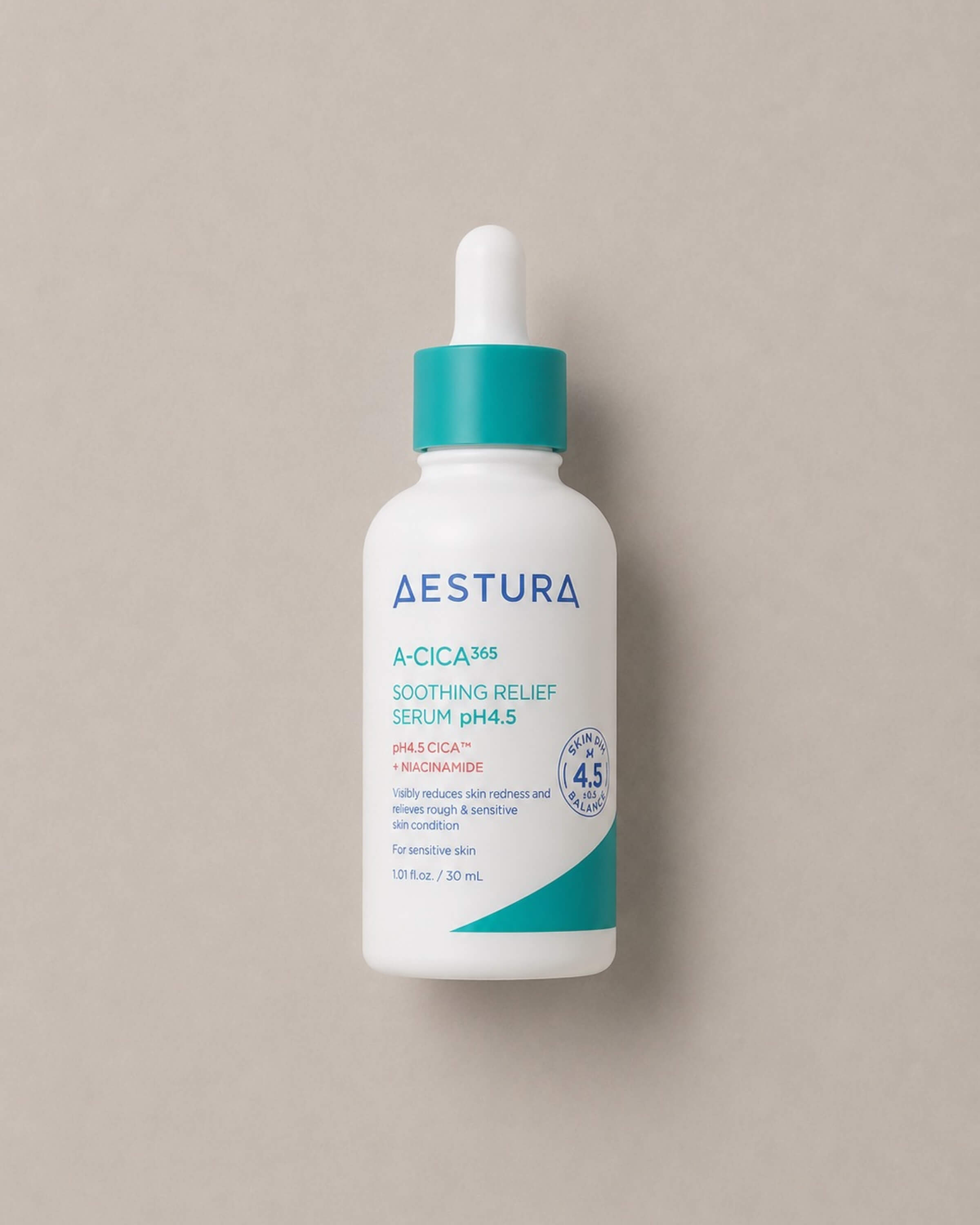 Aestura A-CICA 365 Soothing Relief Serum pH4.5 bottle on a beige background