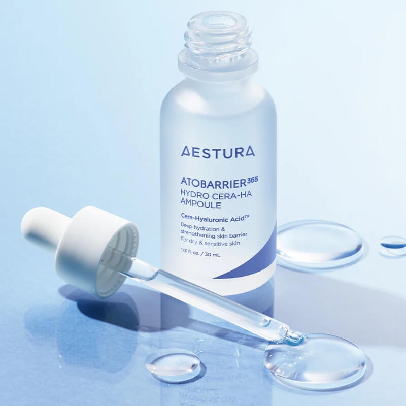 Aestura Atobarrier 365 Hydro Cera-HA Serum on a light blue background