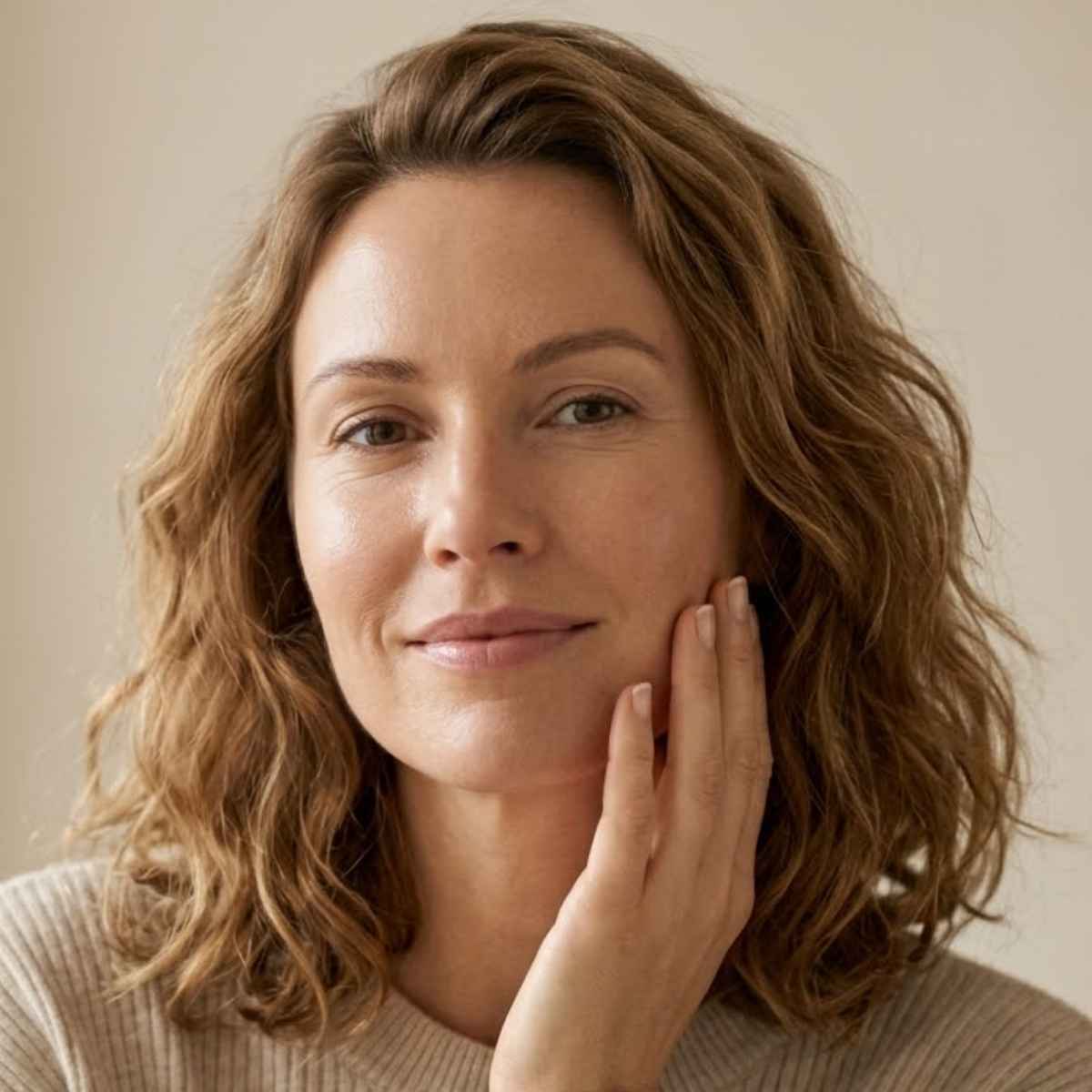 Woman with wavy brown hair touching her face against a neutral background