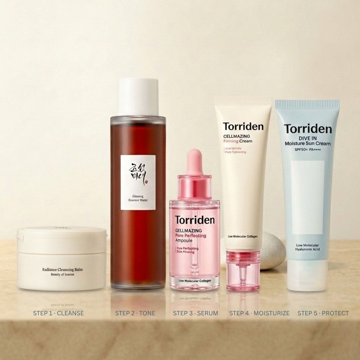 Korean skincare products for anti-aging routine on marble surface