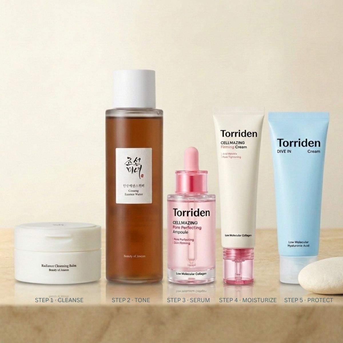 Korean skincare products for anti-aging routine on marble surface