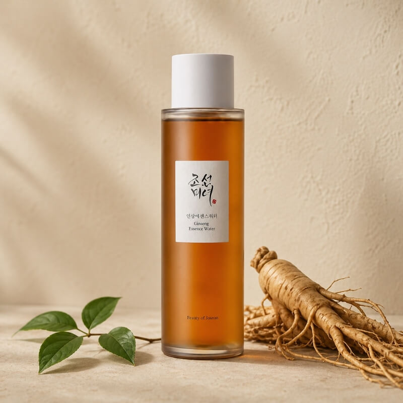 Beauty of Joseon Ginseng Essence Water next to ginseng root against a cream wall