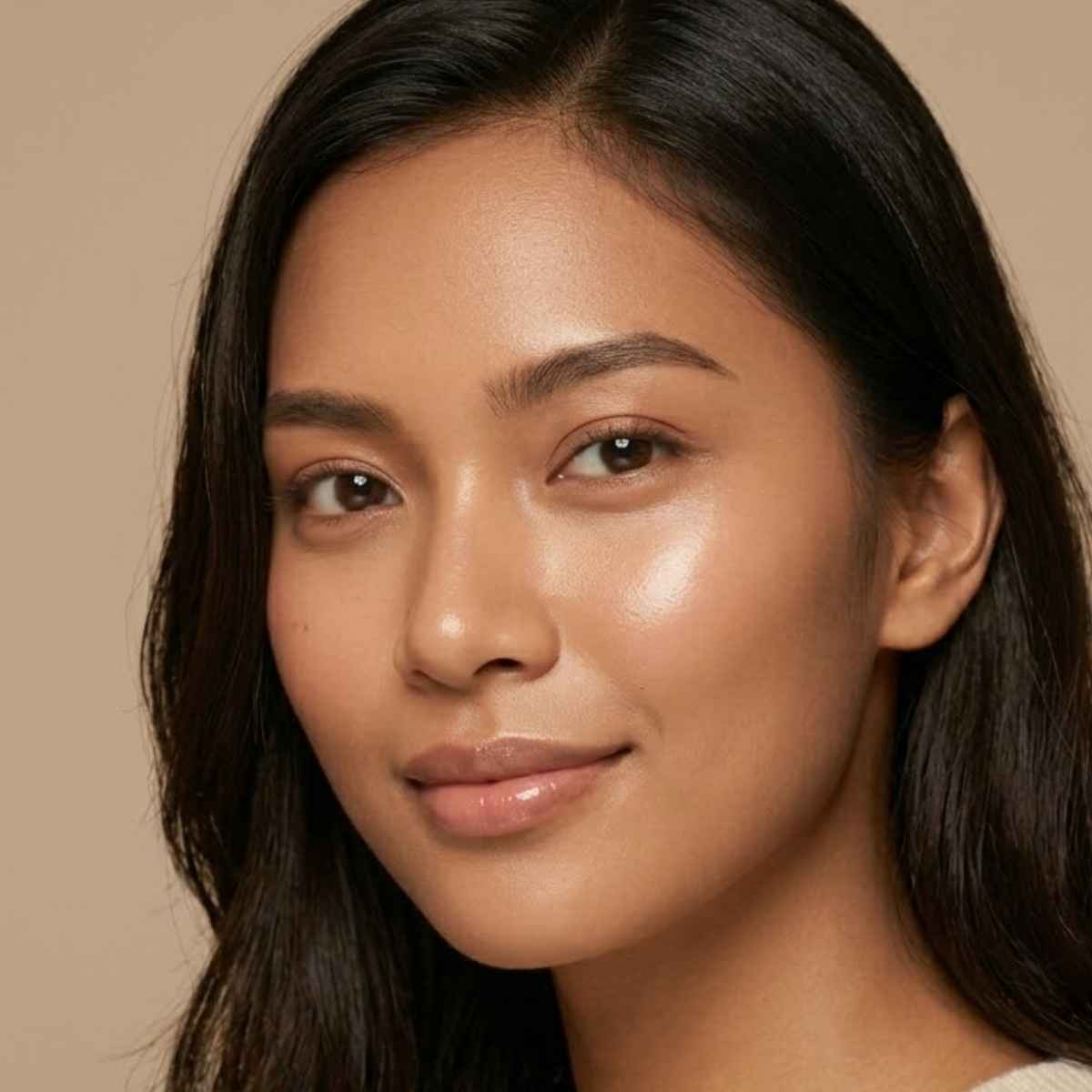 Close-up of a woman with dark hair and neutral makeup against a beige background