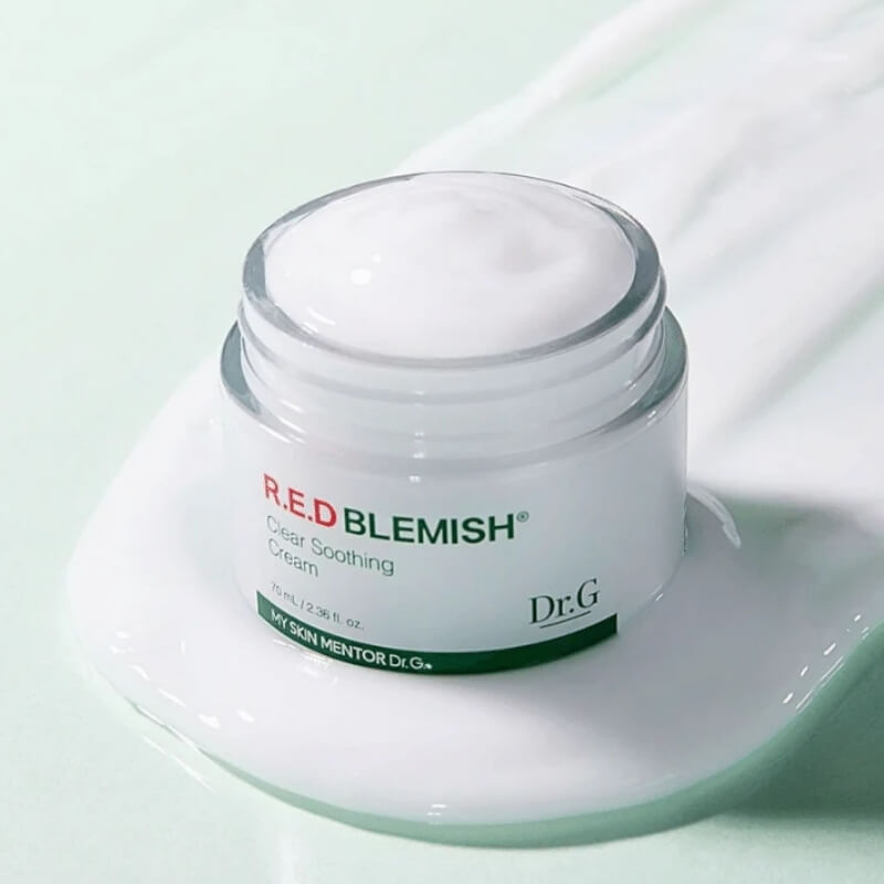 Dr.G Red Blemish Clear Soothing Cream on a light green background