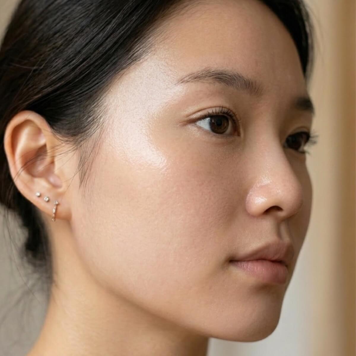 Close-up of a person's ear with earrings against a neutral background