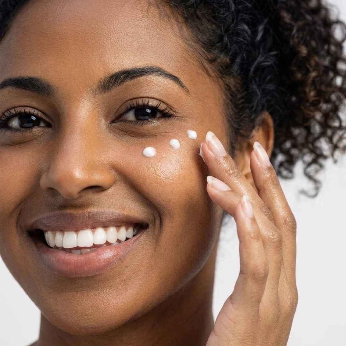 Close-up of a person applying korean eye cream on a neutral background