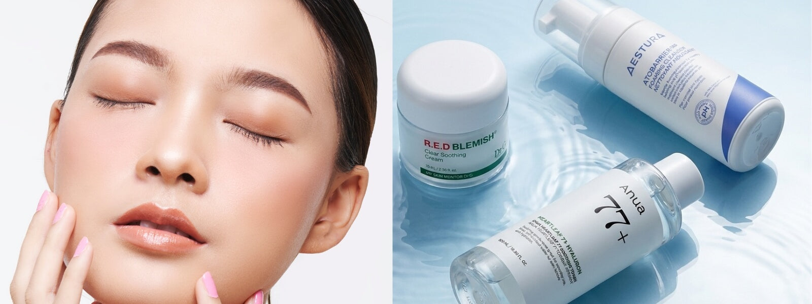 Skincare products with a close-up of a person's face on the left.