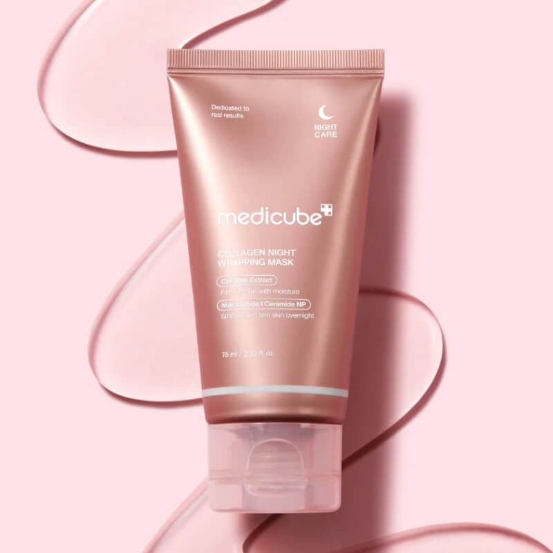 Medicube Collagen Night Wrapping Mask on a pink background