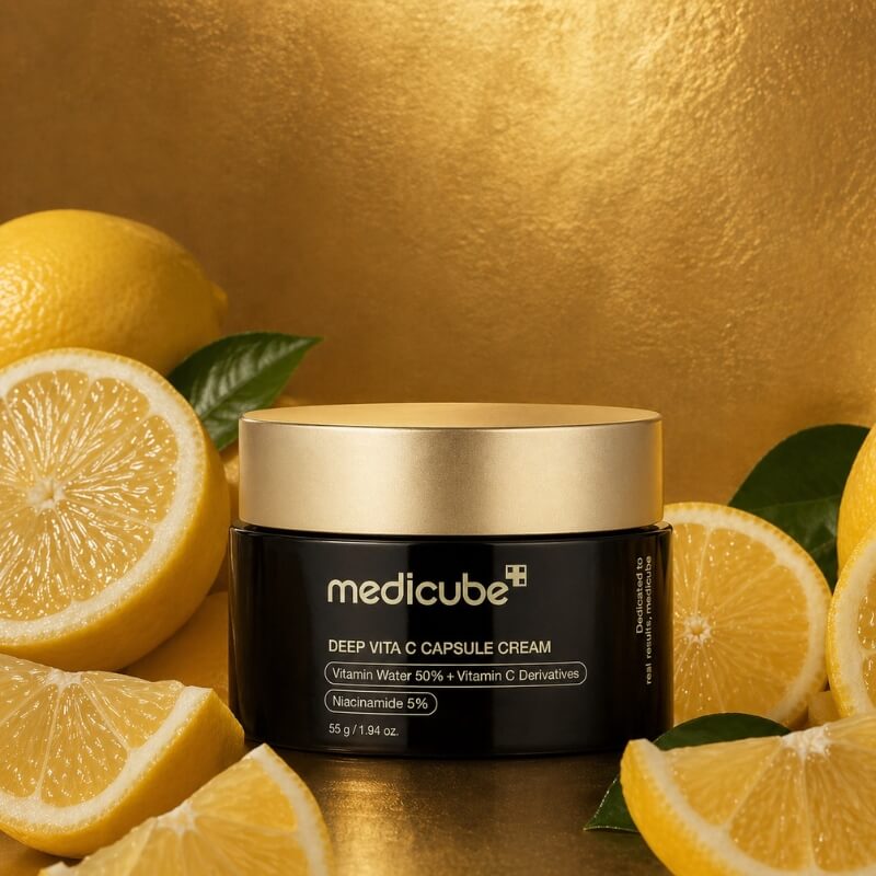 Medicube Deep Vita C Capsule Cream next to lemons against a gold background