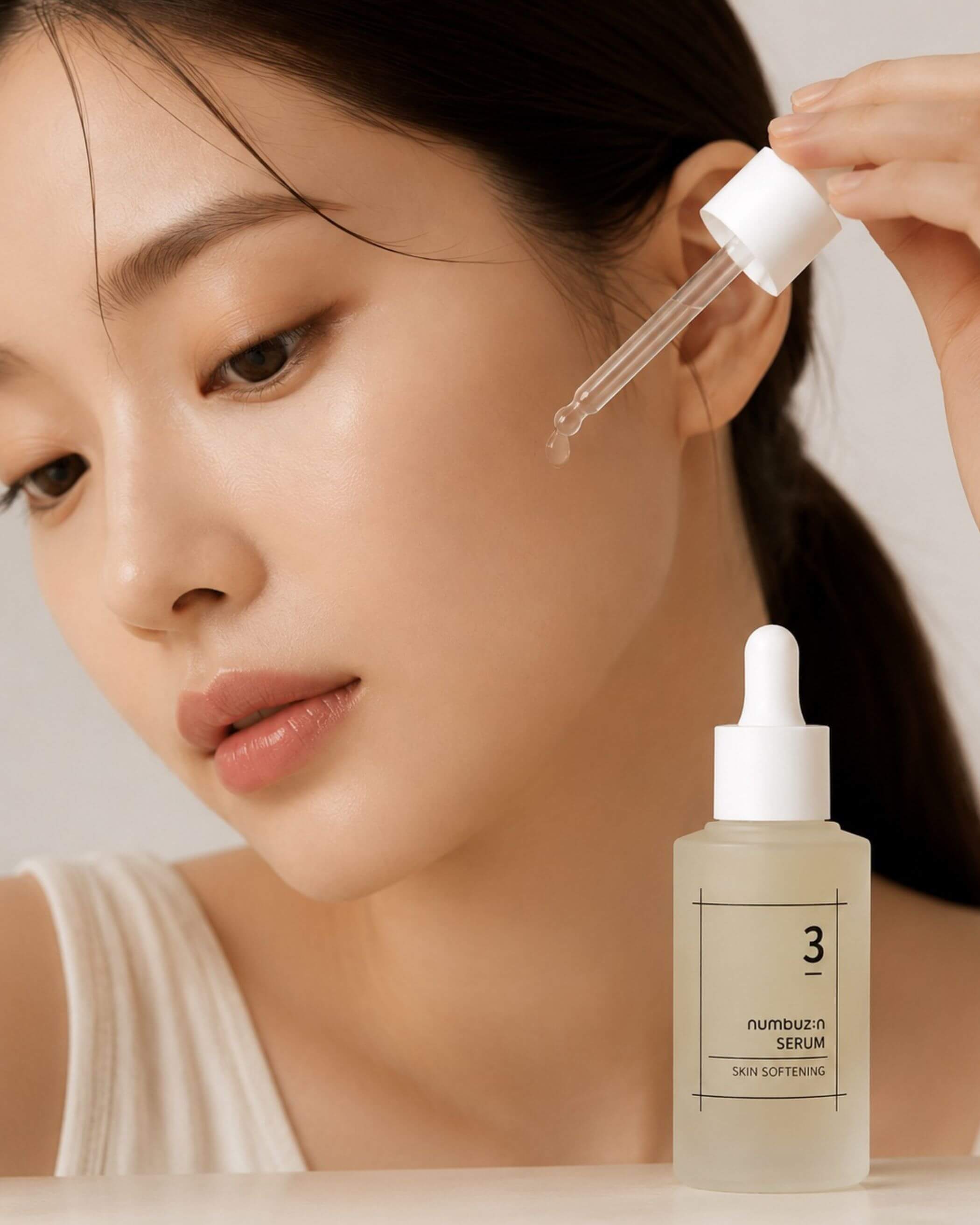 Woman applying Numbuzin No.3 Skin Softening Serum to face with dropper.