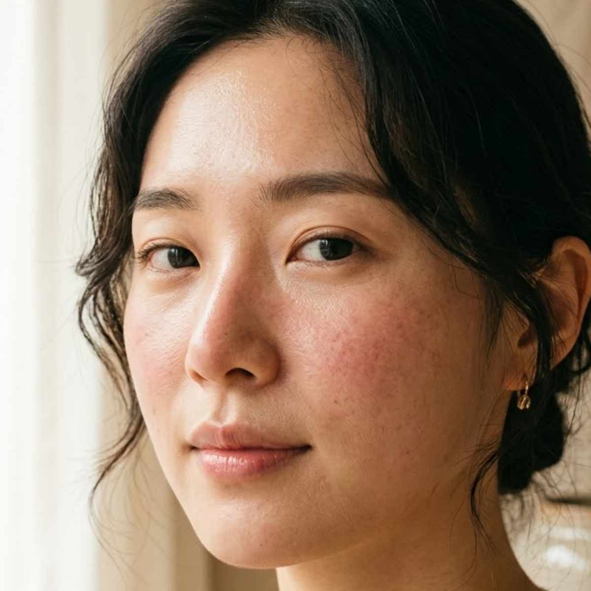 Close-up of a person with a neutral expression, wearing an earring.