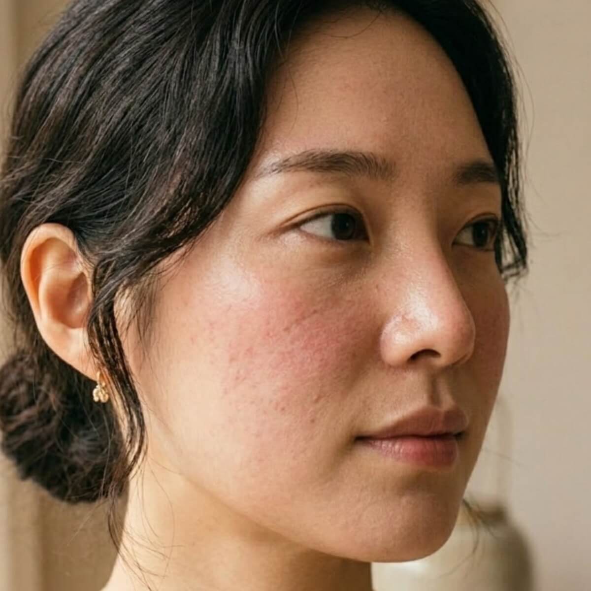 Close-up of a person with a neutral expression, wearing a gold earring.