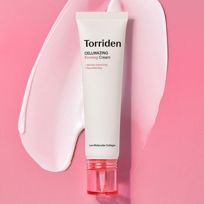 Torriden Cellmazing Firming Cream tube on a pink background
