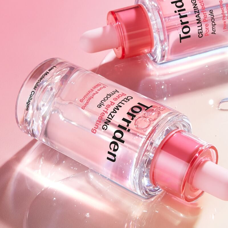 Torriden Cellmazing Pore Perfecting Ampoule in K-beauty pore care routine flatlay