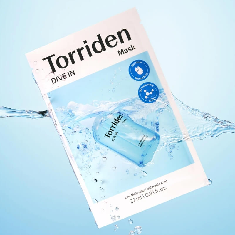 Torriden Dive In Hyaluronic Acid Mask with water design on a light blue background