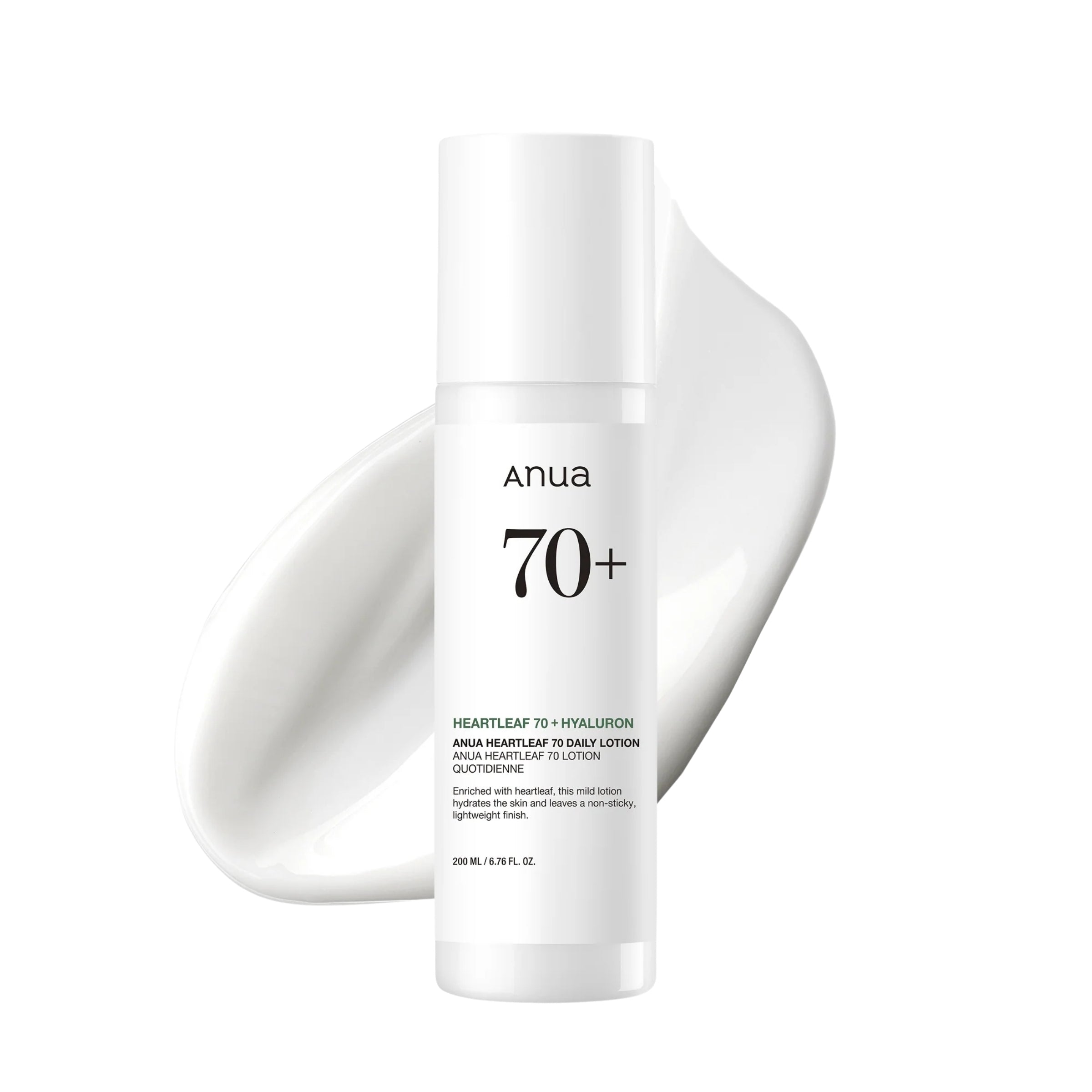 White skincare bottle labeled 'Anua 70+' on a white background