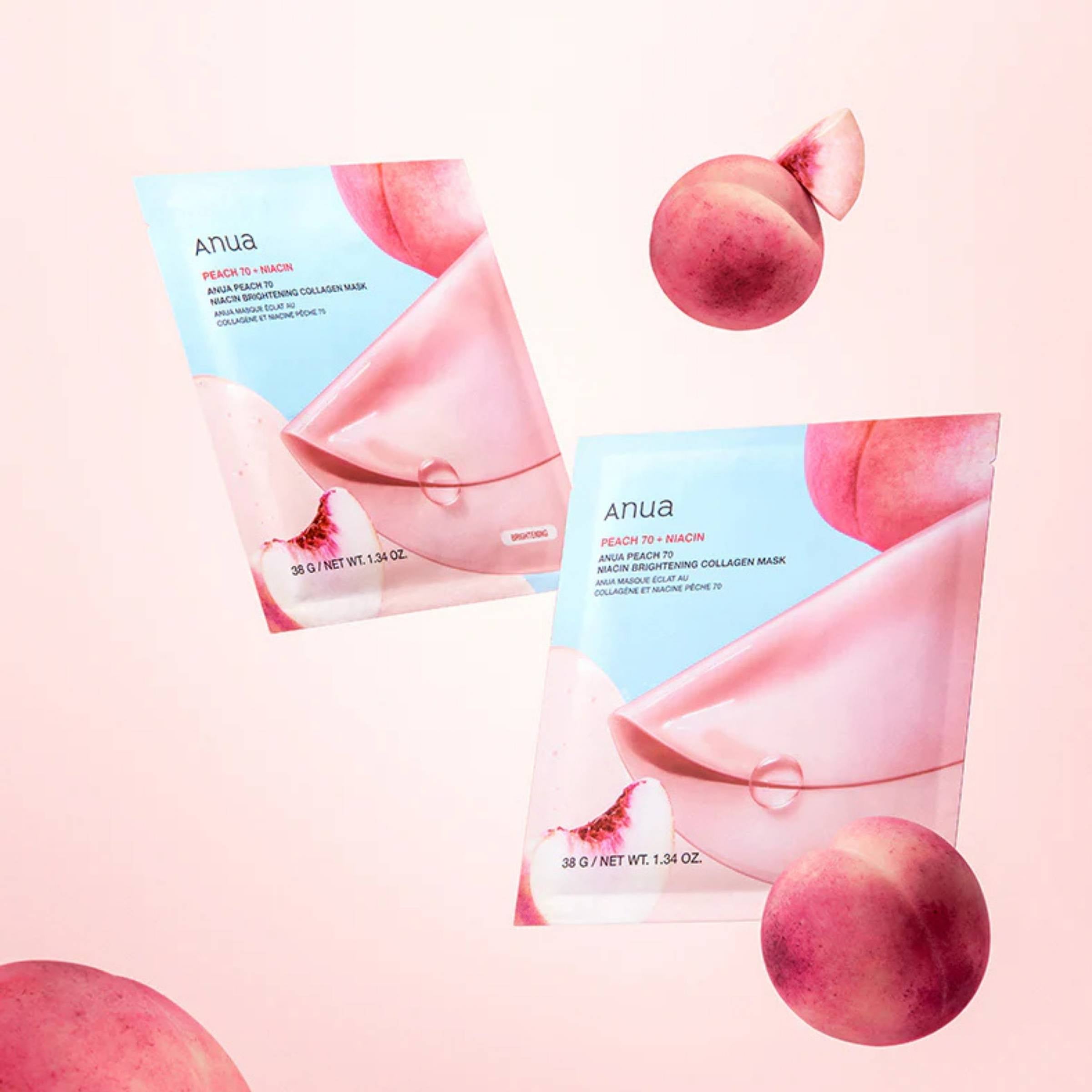 Two Anua Peach Tea + Peach facial masks with peaches on a pink background