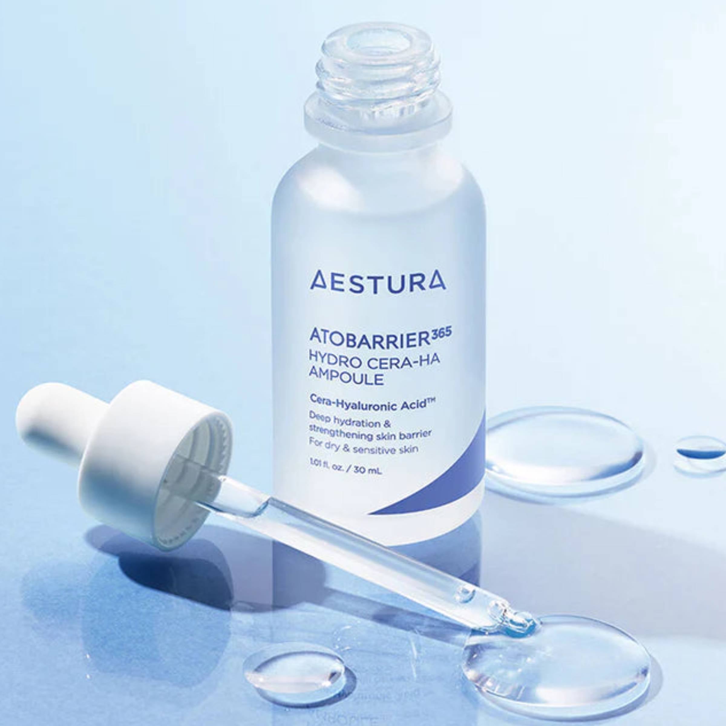 Aestura skincare ampoule bottle with dropper on a light blue background