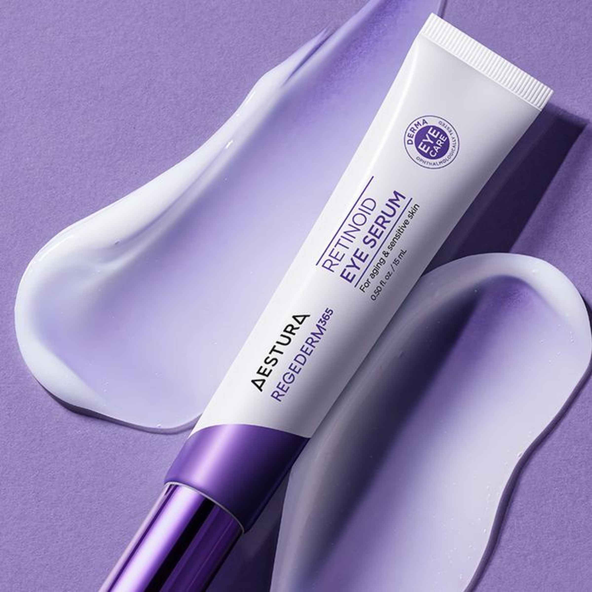 Aestura Retinoid Eye Serum tube on a purple background