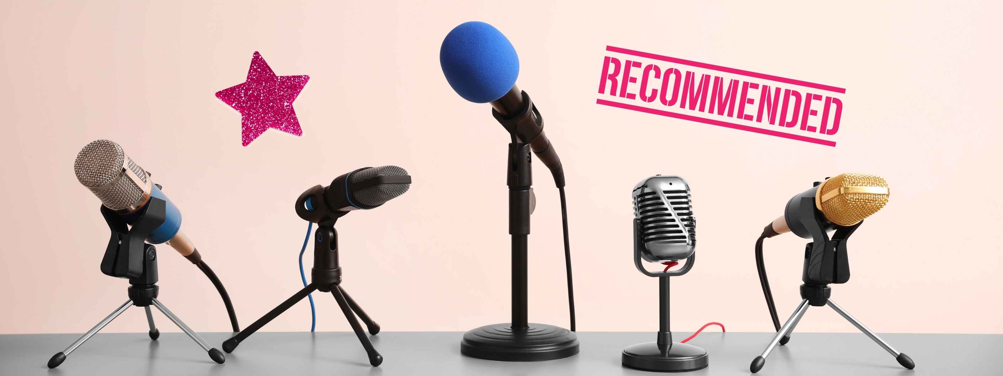 Collection of microphones with a pink star and 'Recommended' stamp on a beige background